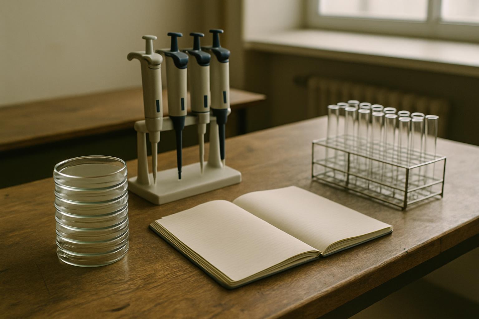 A laboratory bench with stacked petri dishes, pipettes and an open notebook