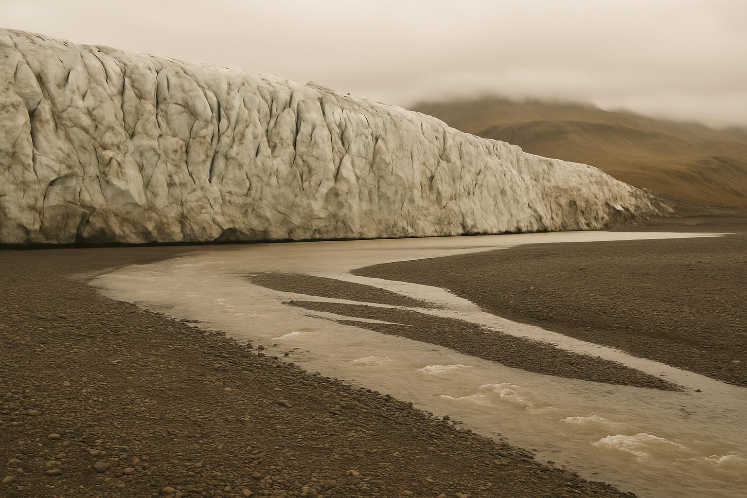 The crevassed snout of a glacier above a braided meltwater shore