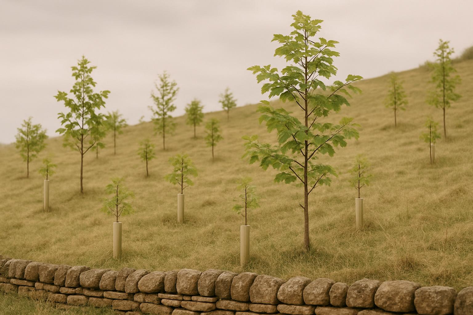 Young broadleaf trees in leaf on a hillside, several outgrowing their guards