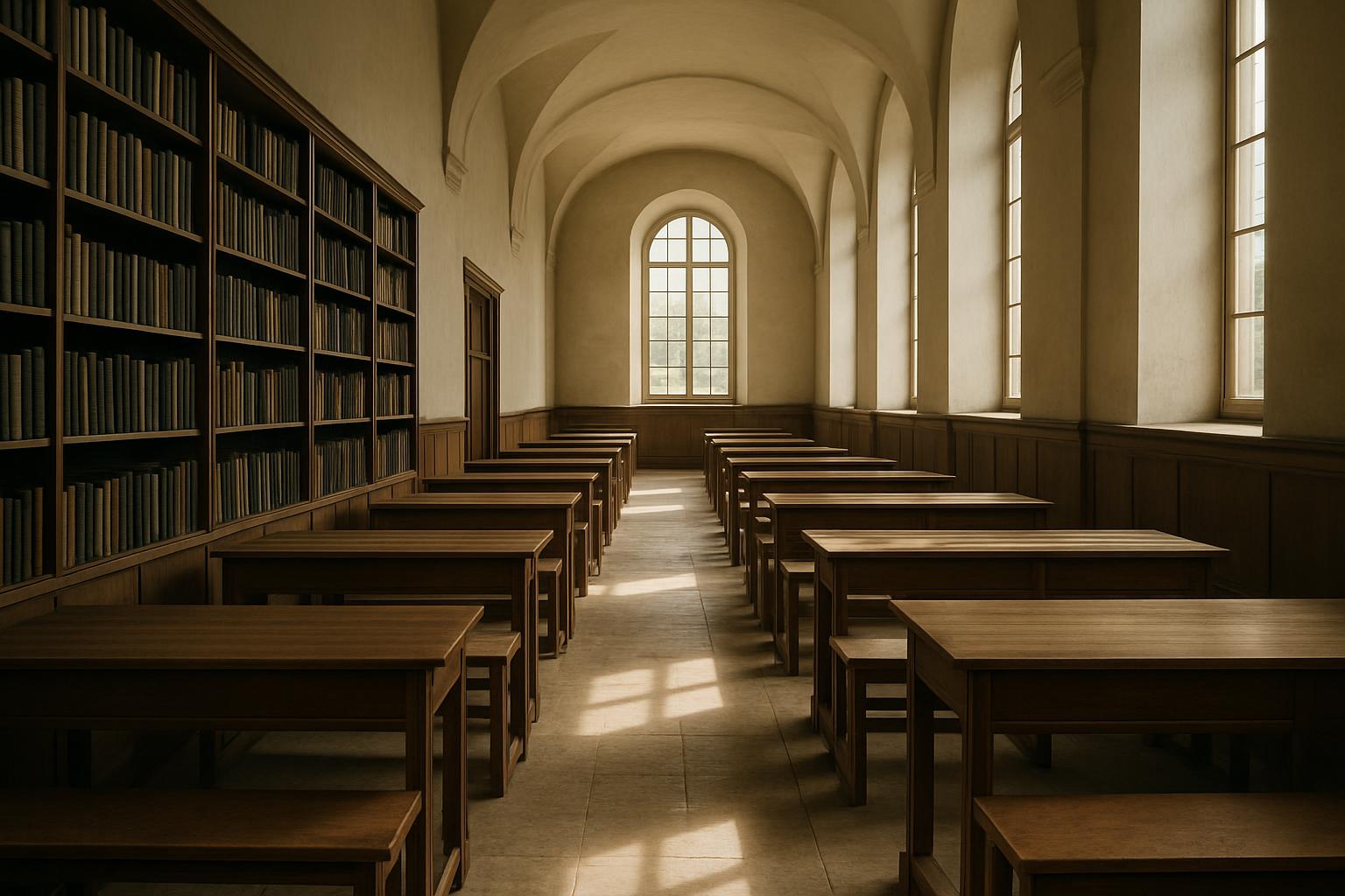 A long panelled reading room with rows of wooden benches and daylight from high windows