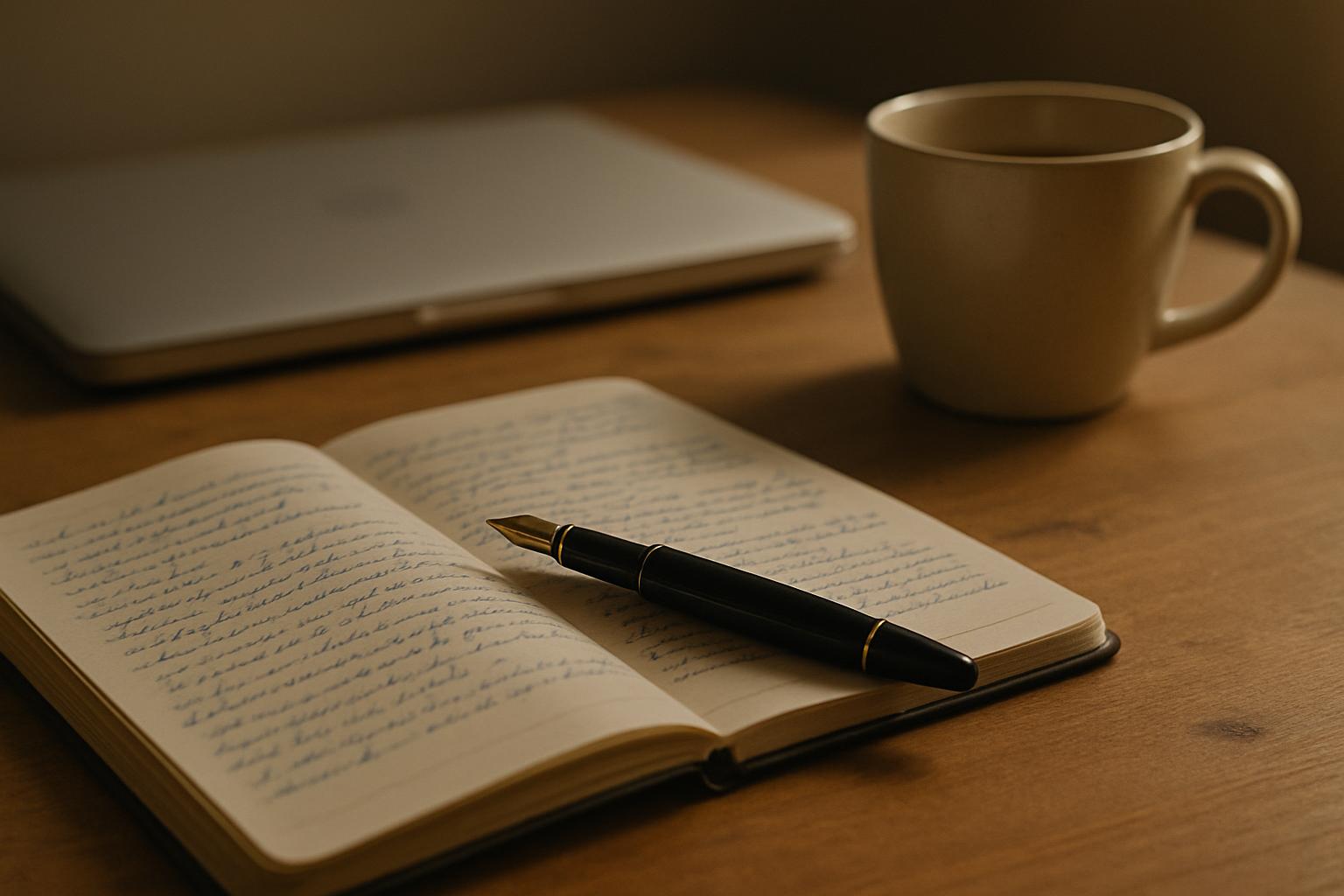 A fountain pen resting on an open notebook of handwritten notes